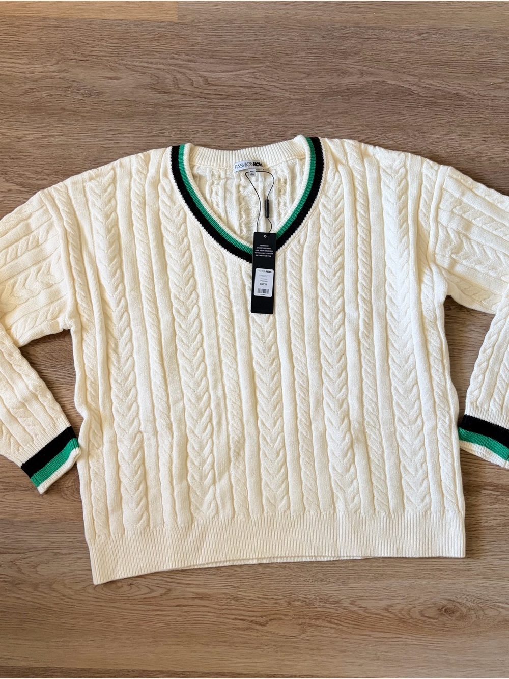 Fashion Nova Women's Medium Cream Cable Knit V-Neck Sweater with Green Blue Trim